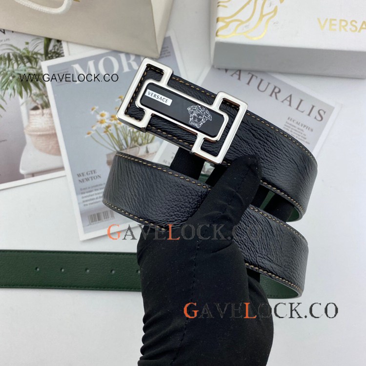 Copy Versace Green/Black Reversible Men Belt Silver Buckle